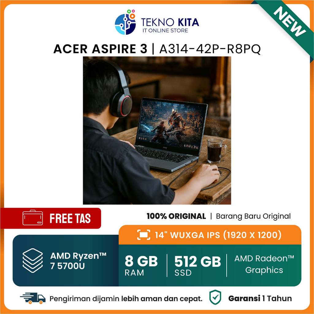 Laptop Acer Ryzen 7 | Kencang Buat Kerja & Gaming - AMD Ryzen 7 5700U RAM 8GB LPDDR4 SSD 512GB and W