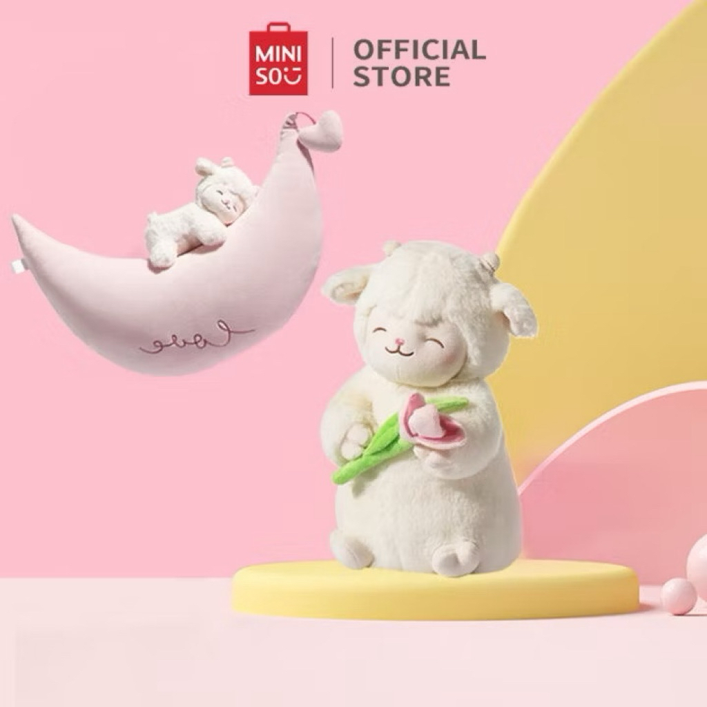 MINISO Lazy Sheep Plush Toy with Strawberry Lamb Baa Warm White Moon Boneka Domba Miniso Boneka Mini