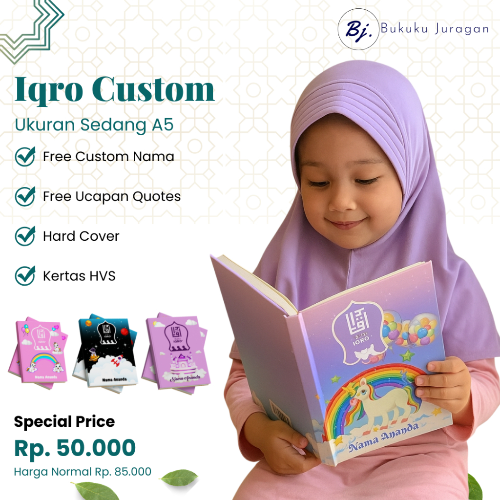 Buku Iqro Custom Nama Hard Cover Berwarna Lengkap Iqro 1-6  Free Custom Nama