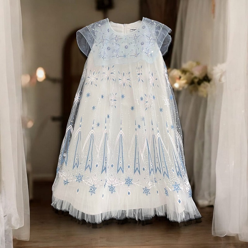Princessa Flami Christmas Dress Anak Karakter Frozen Crystal White Blue K4383