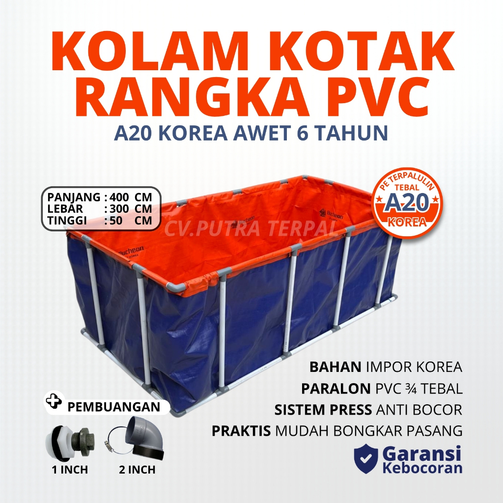 Kolam Terpal Ikan Fullset Rangka Pralon Ukuran 300x400x50 / 3x4x0,5 Rangka Pralon Ukuran 1inci