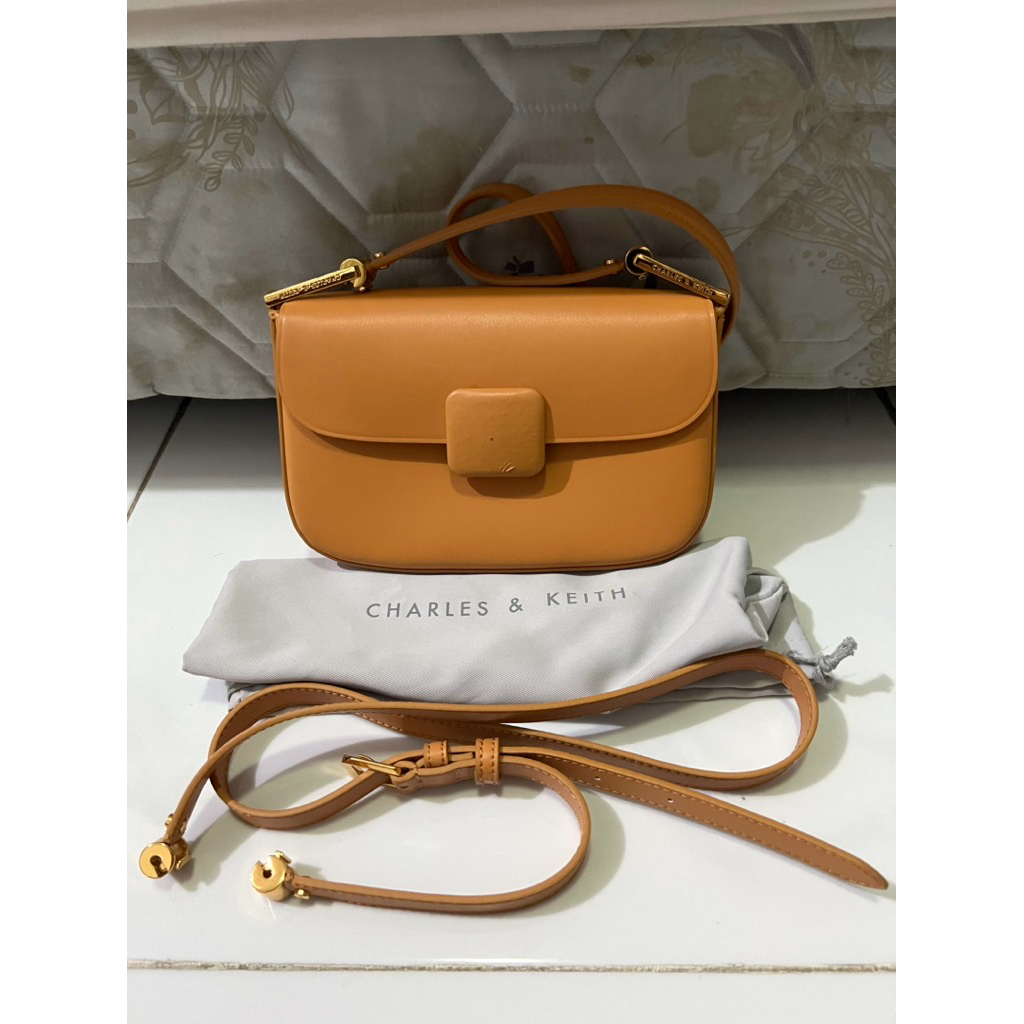 Charles & Keith ORI Original Koa Square Push Lock Shoulder Bag Orange tas wanita cewek luxury brand 