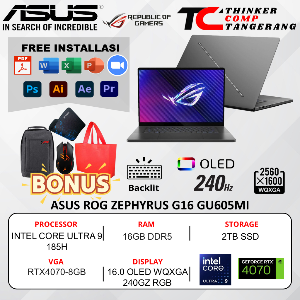 Laptop Asus Rog Zephyrus G16 GU605MI Intel Ultra 9 185H 16GB 2TB SSD RTX4070 OLED 240Hz Win11
