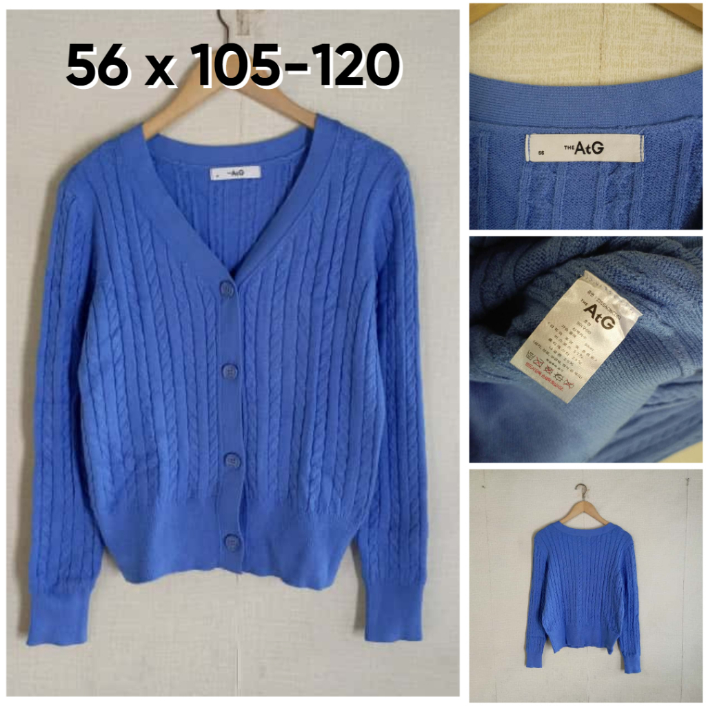 Cardigan Kepang The ATG Biru Tebal V Neck Size L Wanita Cable Knit Bahan Empuk Premium OB714