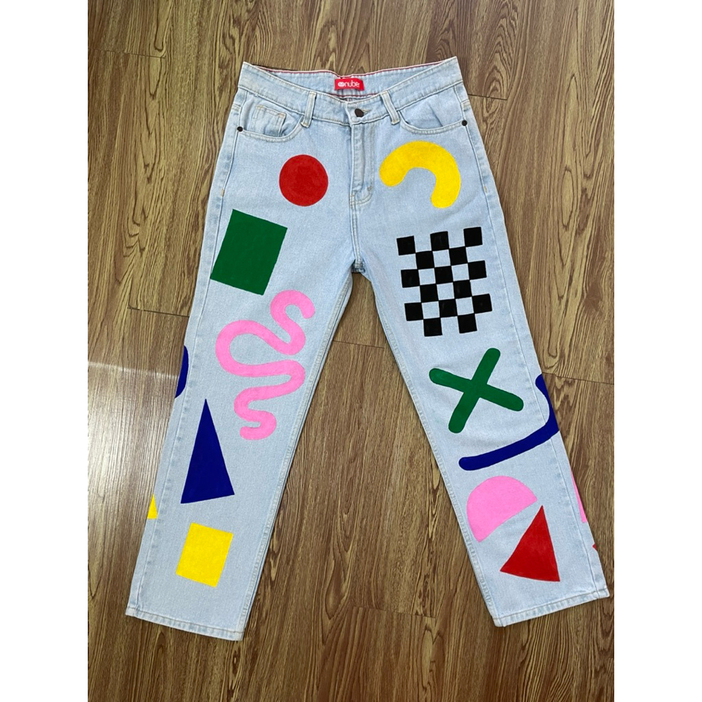 celana jeans denim painting art memphis design highwaist regular fit