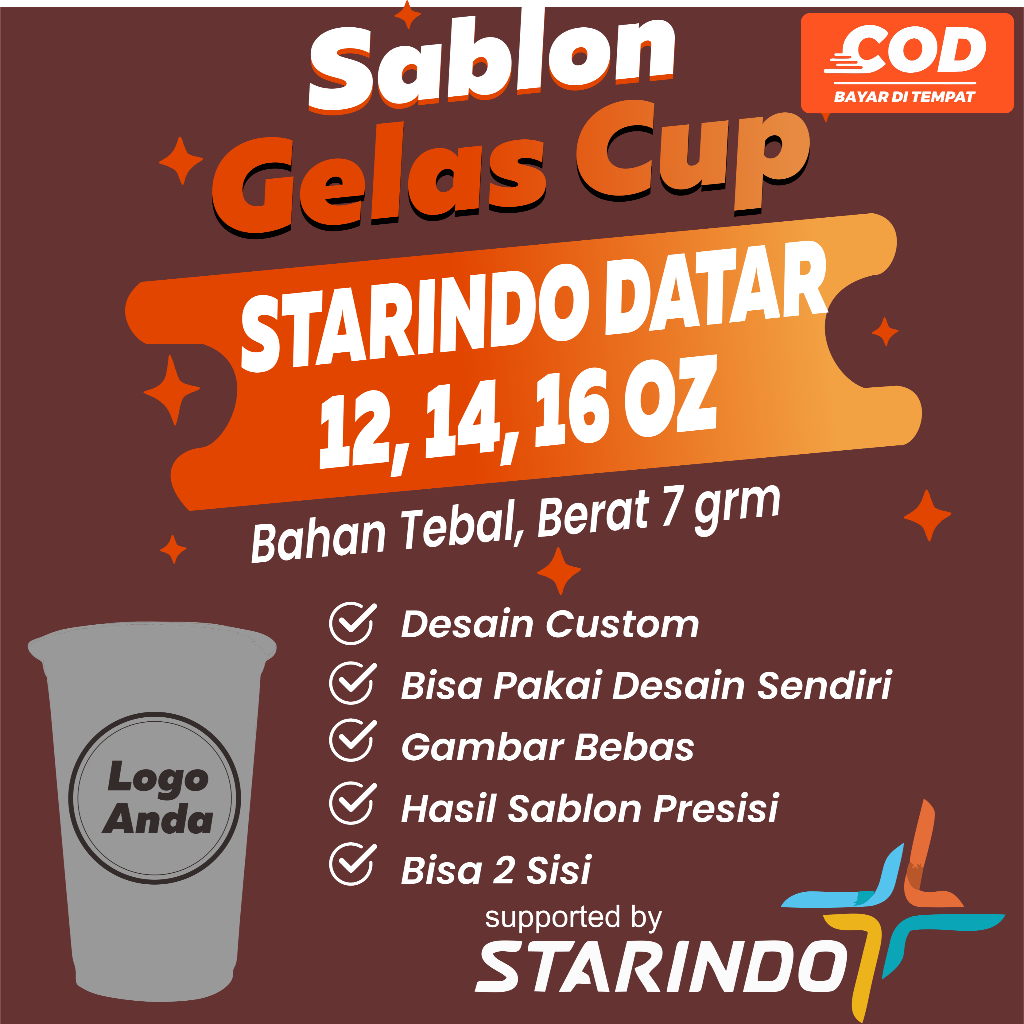 Sablon Cup Starindo 12 OZ, 14 OZ DAN  16 Oz Tebal 7 gram, custom cup starindo datar, cup starindo da