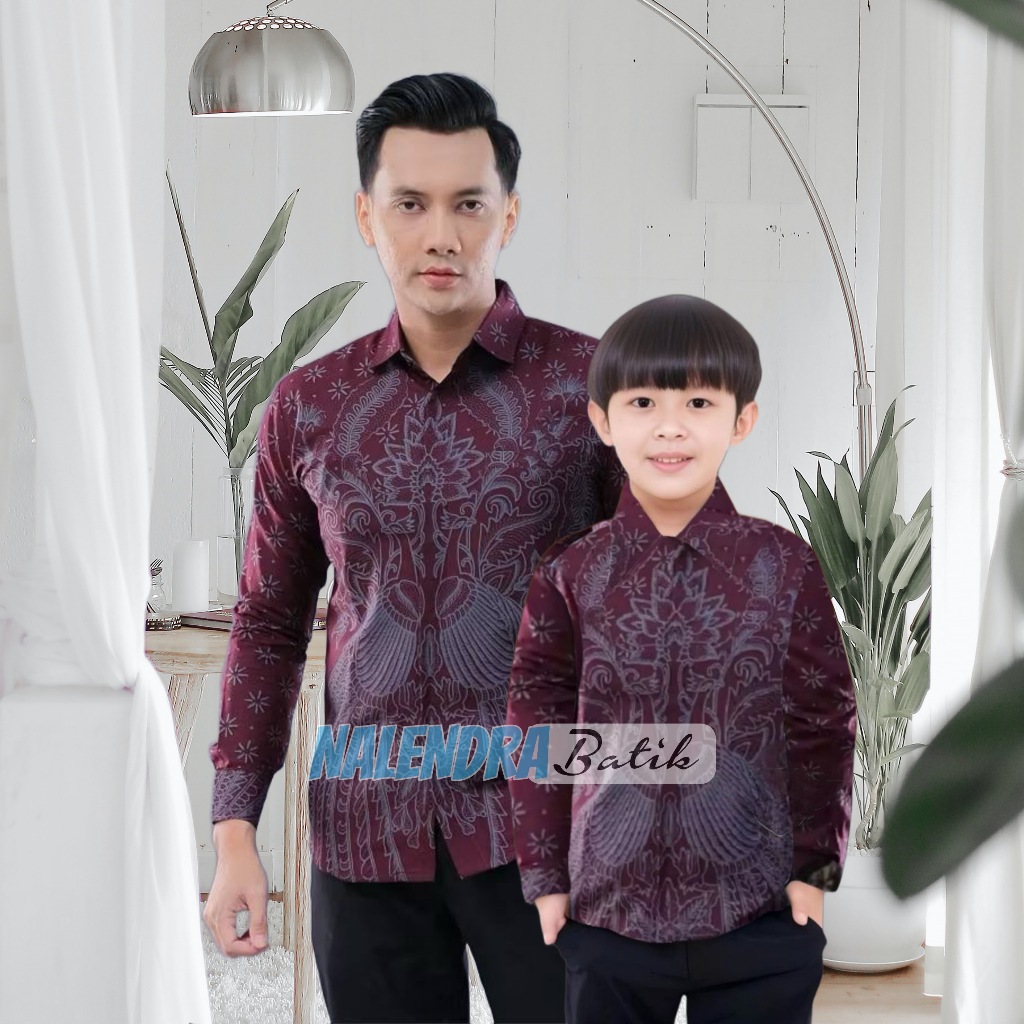 NLNDR Couple Batik Ayah dan Anak Laki laki || Kemeja Batik Pria dan Anak Modern Terbaru Merah Maroon