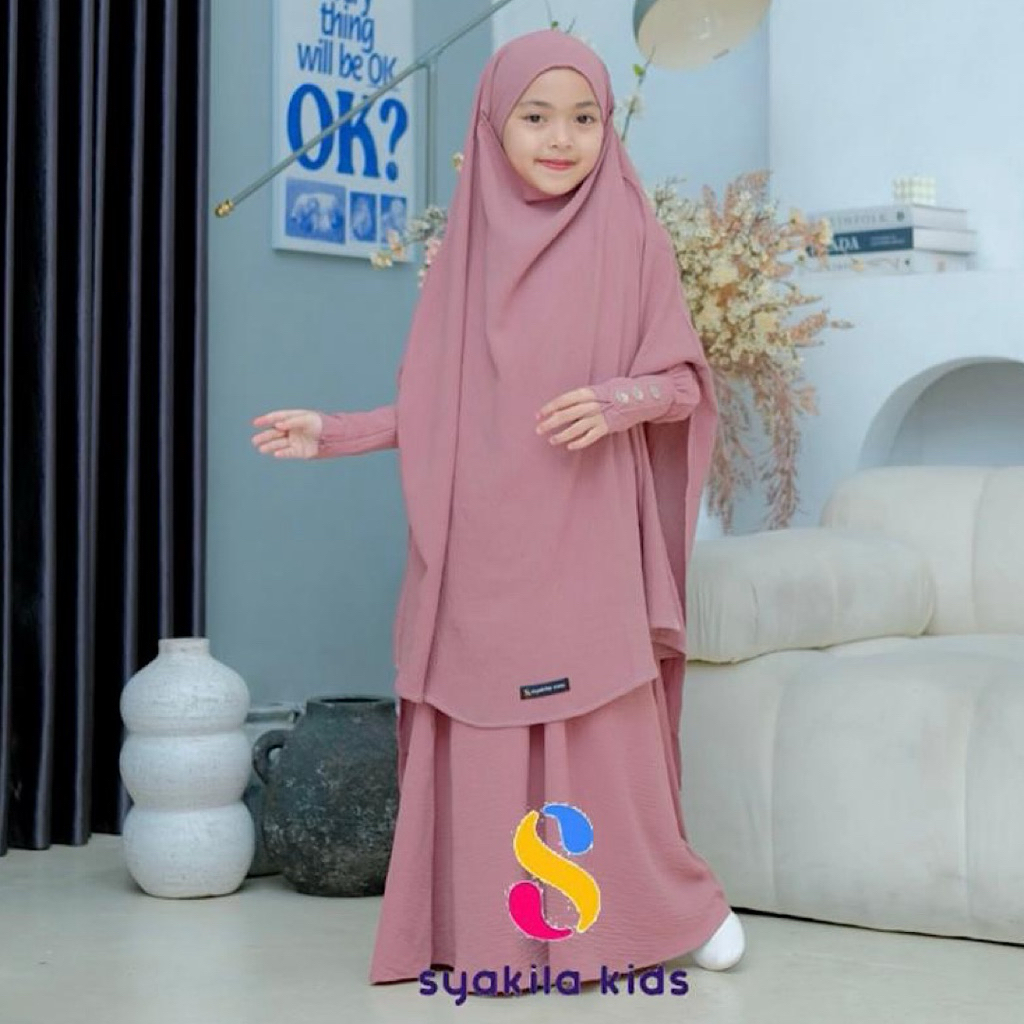 Syakila Kids.Gamis Anak Syar’i Larissa Set Fk Handsplit Free Cadar Tali Untuk Usia 1-12Tahun