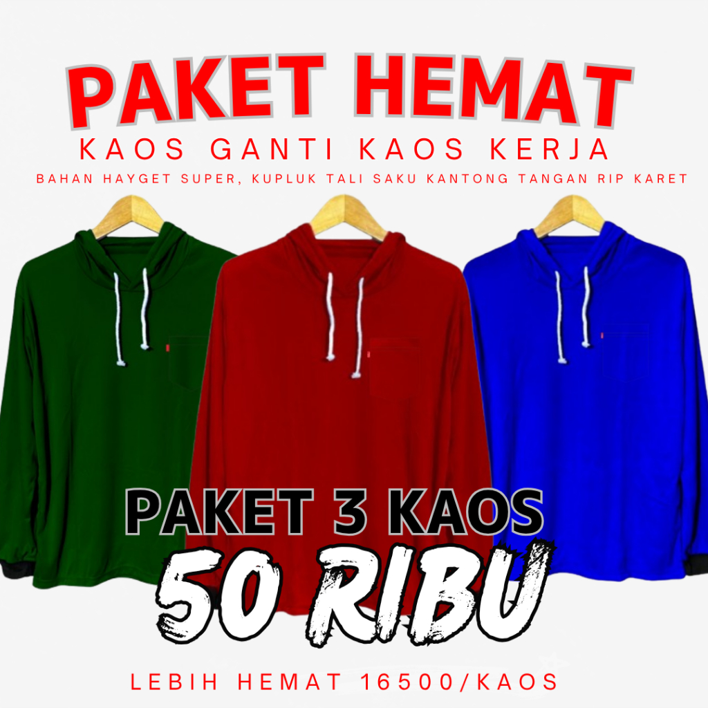 Paket 50rb dapat 3 kaos Basahan kerja kaos proyek kaos tani Kaos lengan panjang Hoodie /kaos telesan