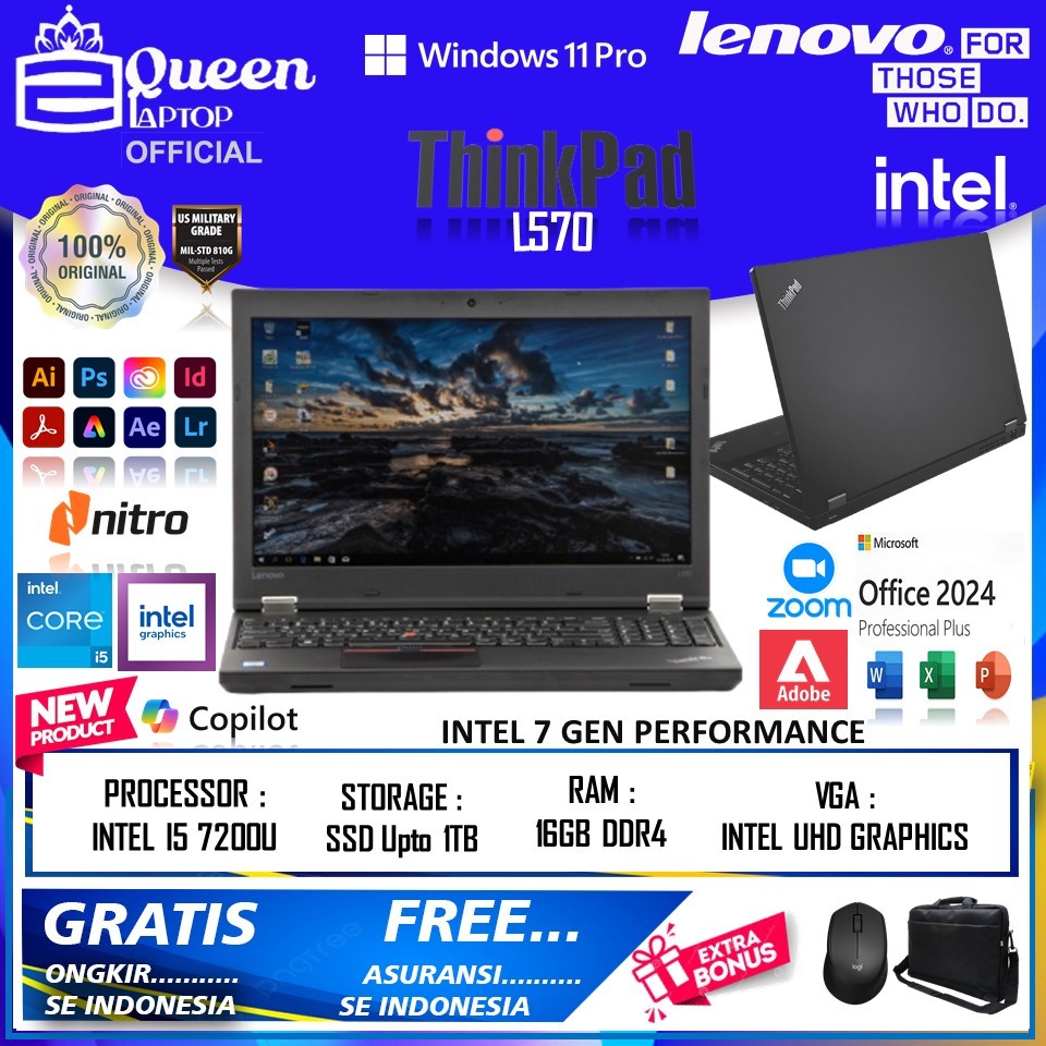 Laptop Lenovo Thinkpad  L570 INTEL I5 7200U 16GB 512GB WIN10PRO Termurah