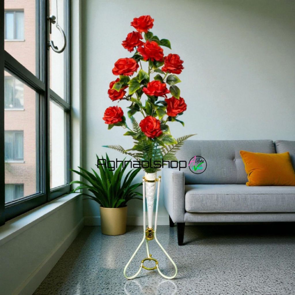 Bunga hias sudut MAWAR JUMBO-K10 Lengkap dengan pot standing besi vas pelastik hiasan dekorasi ruang