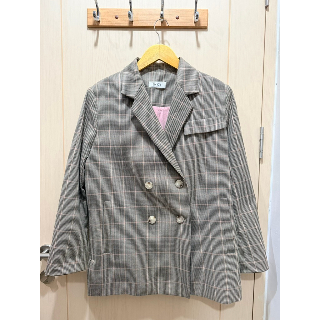 Blazer premium kotak kotak tartan coklat brand Enor