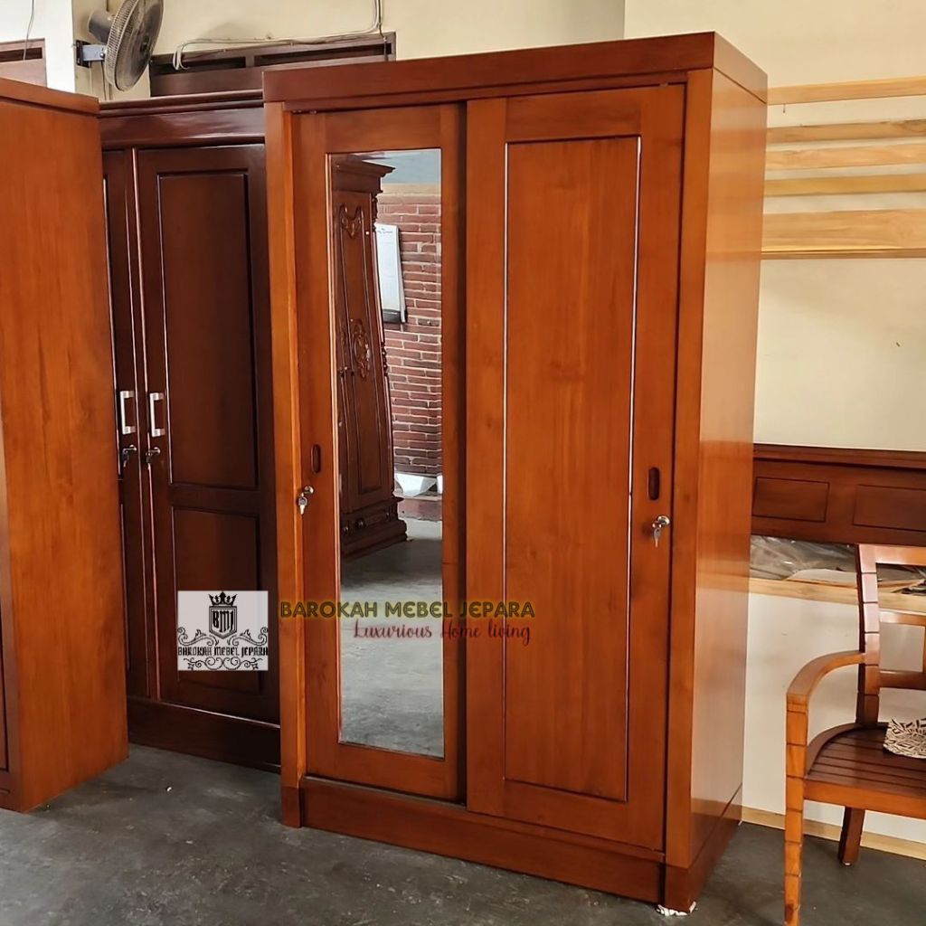 lemari pintu kaca minimalis sleding pintu 2 jati
