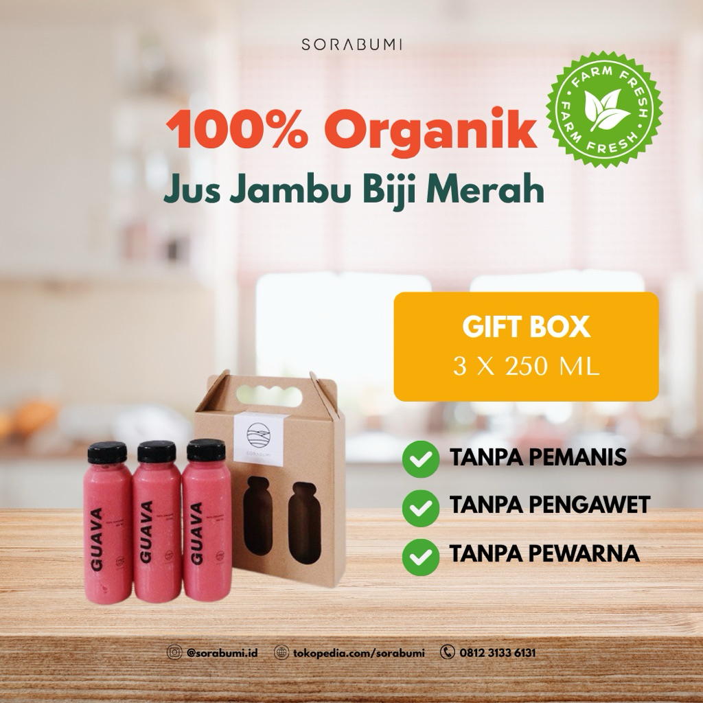 [250 ml] Box isi 3 botol Jus Jambu Batu Merah Organik Guava Juice Sorabumi