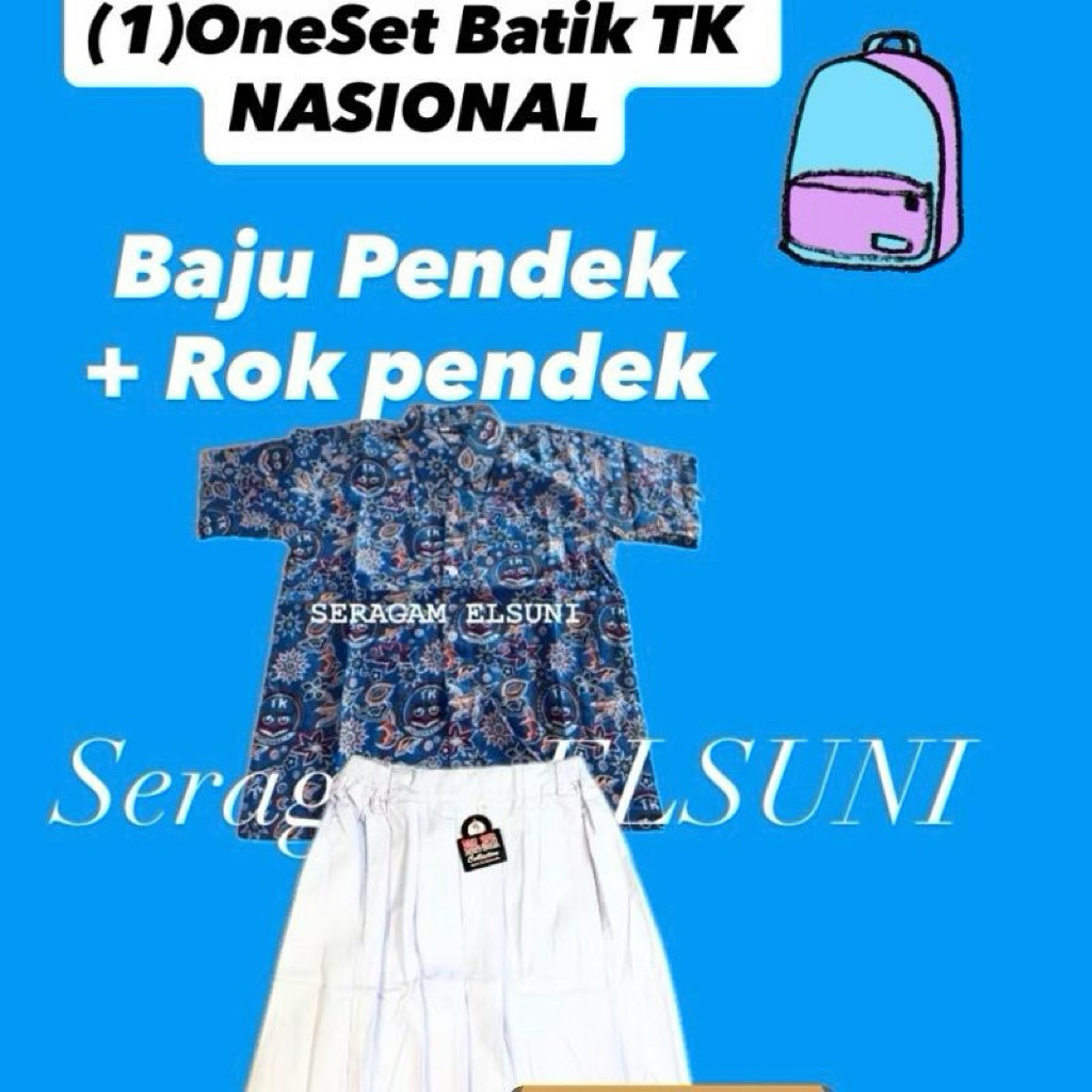 1Set PENDEK BATIK DAN ROK PUTIH BIRU HITAM REMPEL PENDEK || SERAGAM BATIK TK NASIONAL || BATK IGTKI 