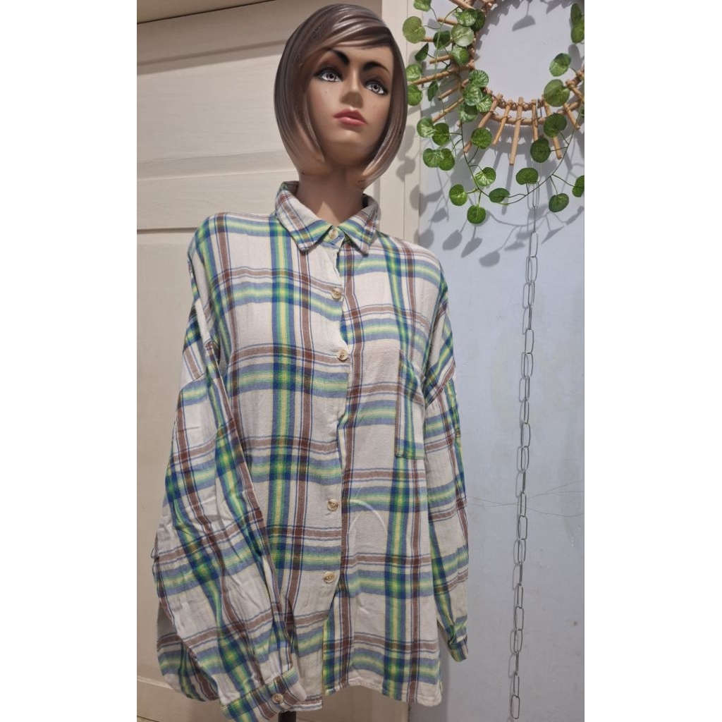 blouse blue tartan katun rayon oversize / kemeja biru kotak dewasa PL