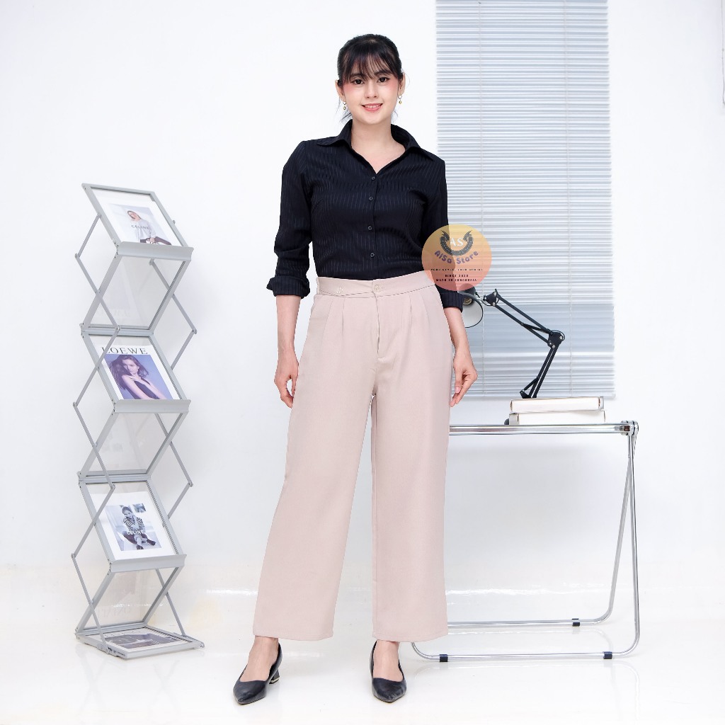 Celana Kulot Kerja wanita Formal Panjang Variasi Pinggang Kancing Kain Nyaman dan Bahan Jatuh