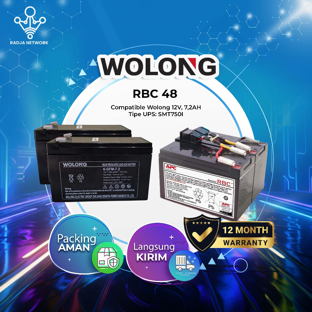 RBC48 Battery Competible For UPS APC 12V 7,2AH . Baterai WOLONG 6-GFM-7,2  FOR UPS APC. WARRANTY 12 