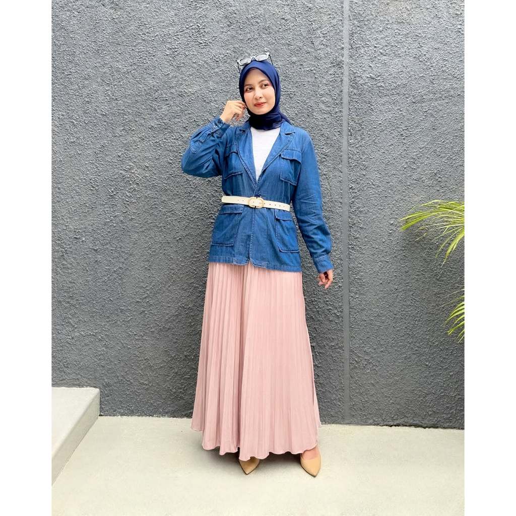 LEZAHRASIGNATURE Setelan Denim Basic Skirt Anna One Set Blazer Soft Jeans Tencel Rok Panjang Plisket