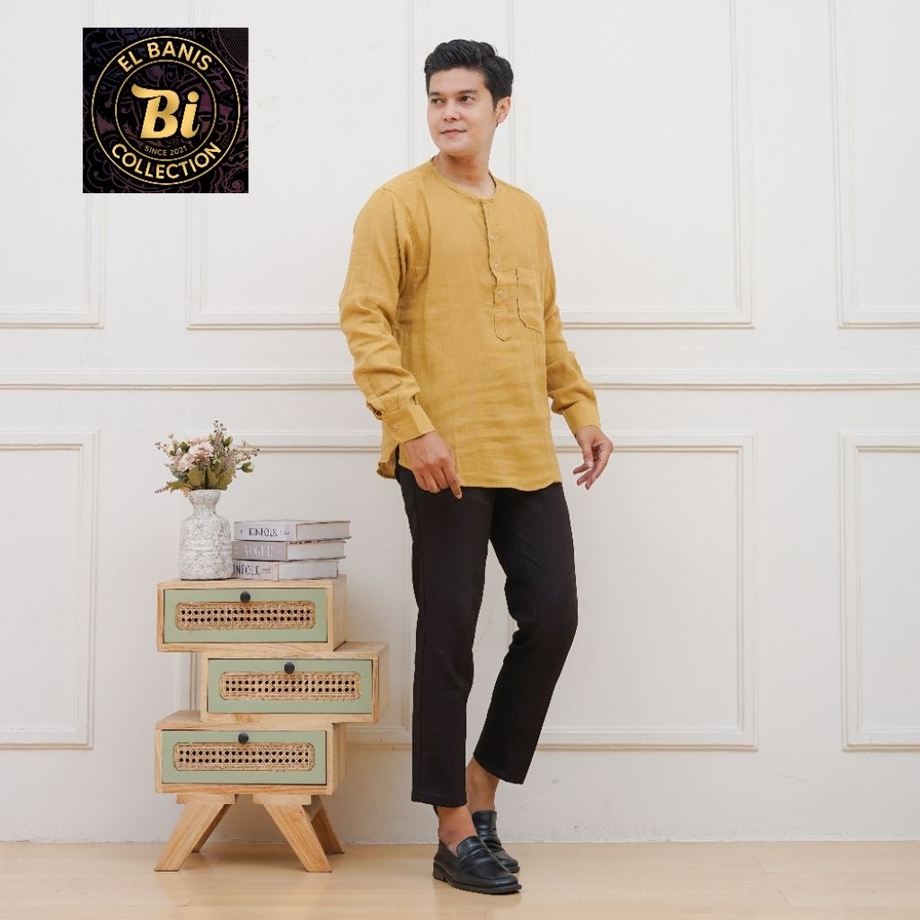 Kemeja Koko (Kemko) Pria Dewasa Lengan Panjang El Banis  Bahan Katun Sariti Premium Warna Mustard Te