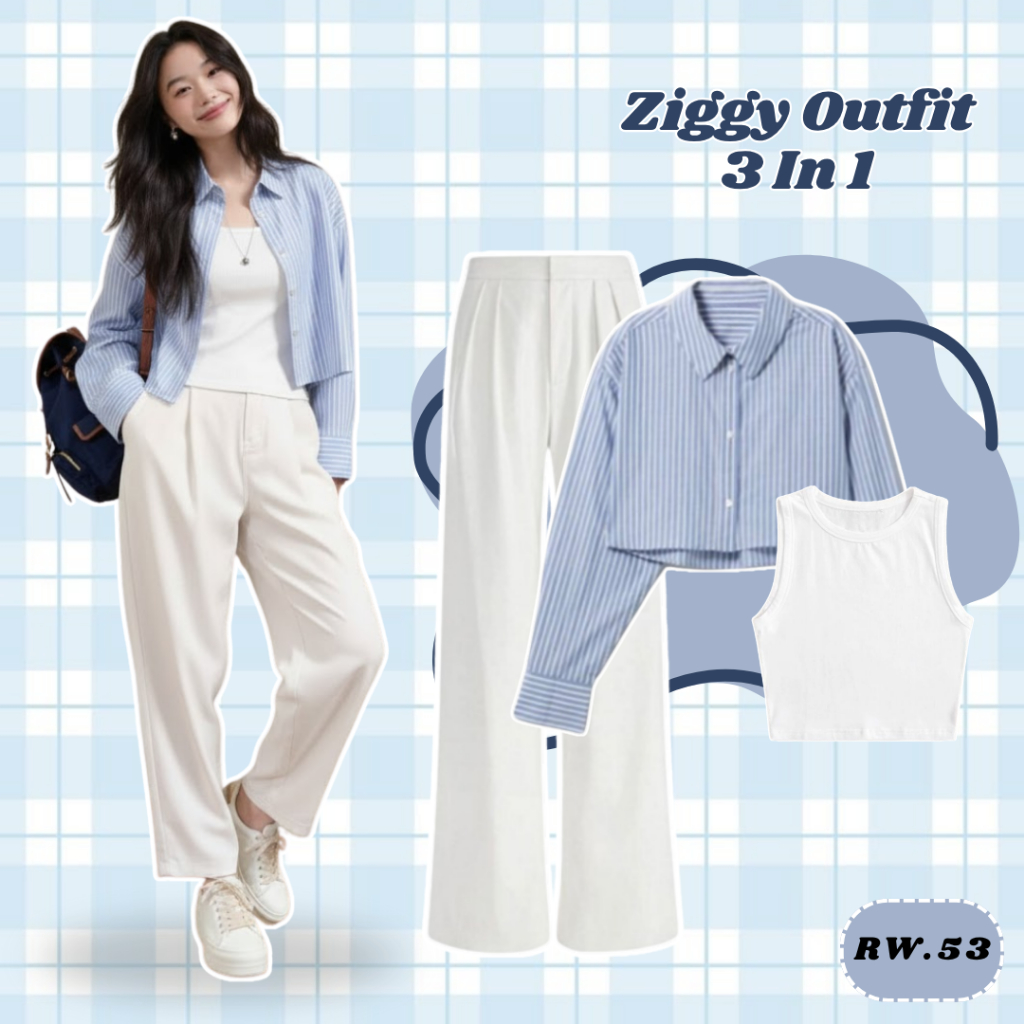 Outfit Set 3in1(Kemeja Crop, Crop Tanktop Puti, Jennie Knit, Hijab) Outfit Kekinian -RW53