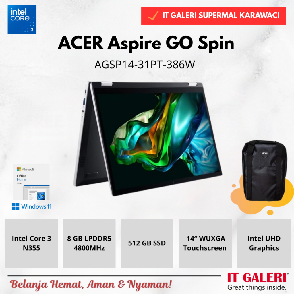 LAPTOP ACER ASPIRE SPIN 14 AGSP14-31PT-386W INTEL CORE i3-N355U 8GB 512GB 14"WUXGA IPS TOUCHSCREEN W