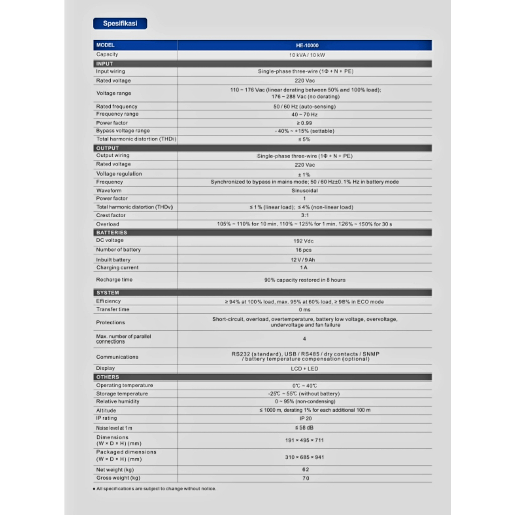 UPS Kenika HE 10000 10 KVA 10000 W True Online Sinewave UPS