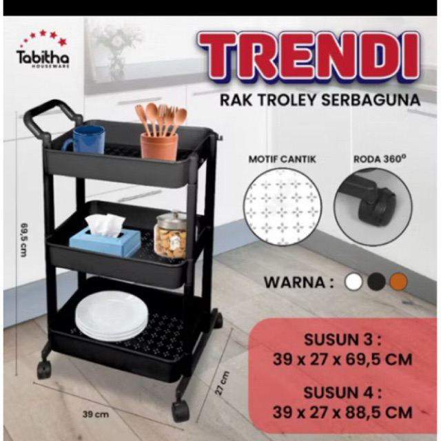 RAK TRENDY 3 SUSUN / RAK SERBAGUNA 3 TINGKAT / RAK DAPUR RODA/ RAK SERBAGUNA PLASTIK RODA