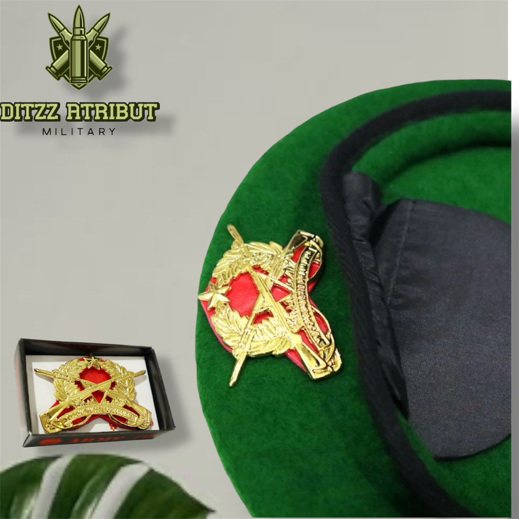 Baret Infantri Hijau/Baret infantri Merk Camel +Emblem Satu Set Premium