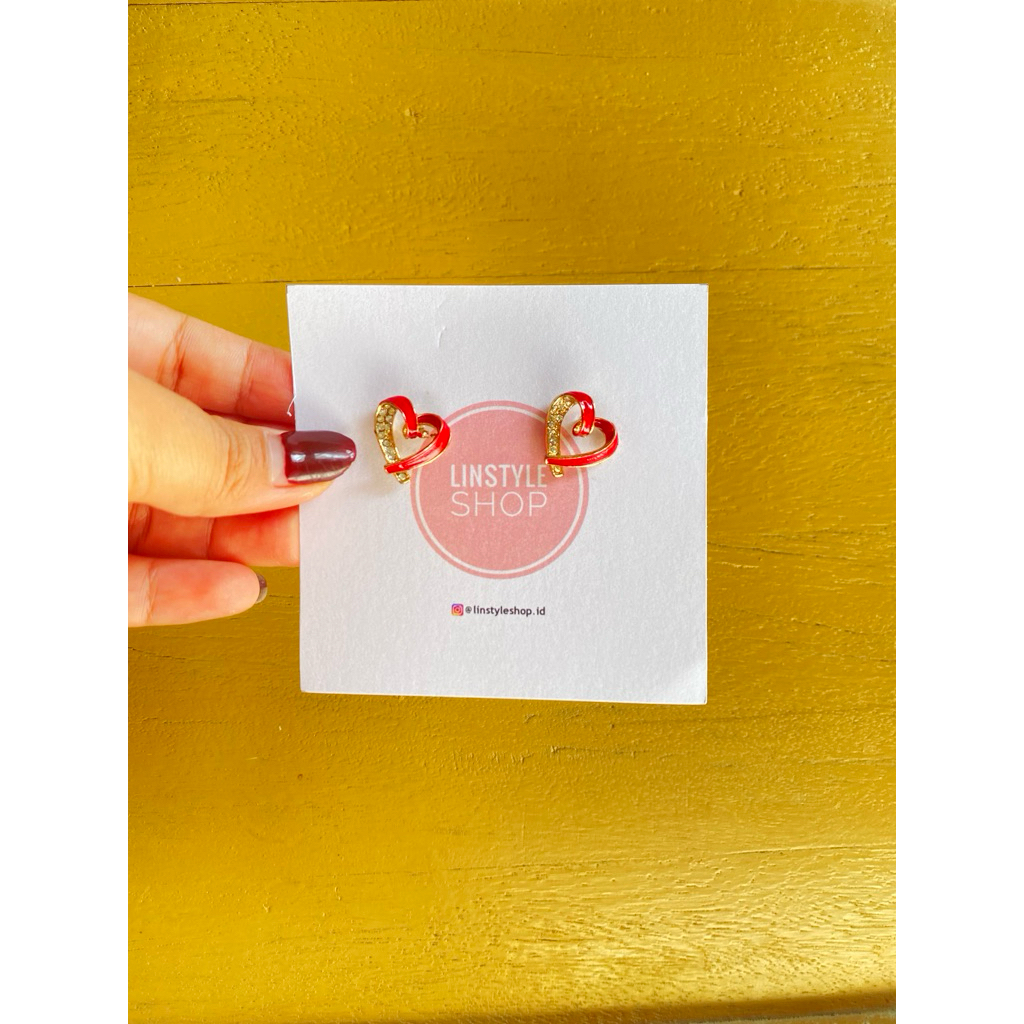 LinStyle Anting Aksesoris Telinga Bentuk Love Hati lucu warna gold merah