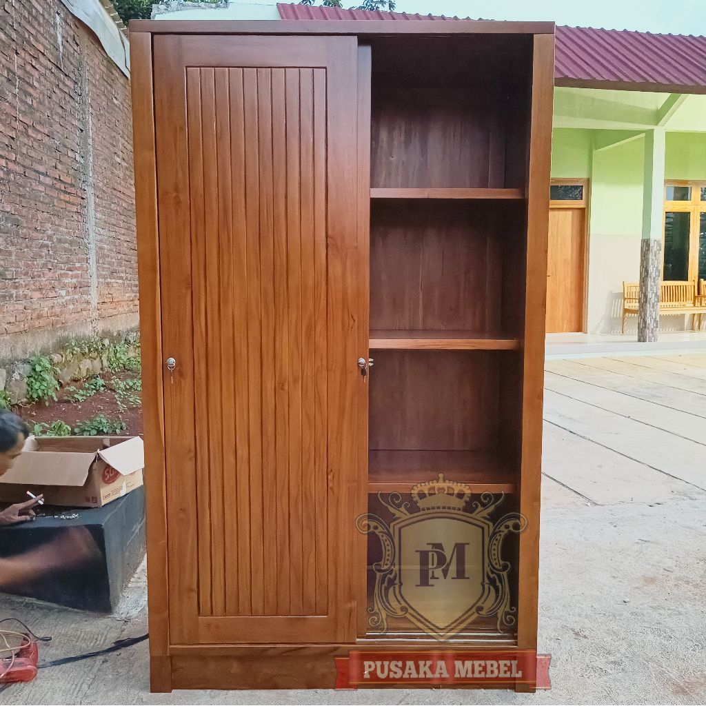 Lemari Almari Pakaian 2 Pintu Sliding Kayu Jati Model Minimalis Pintu Motif Salur knockdown