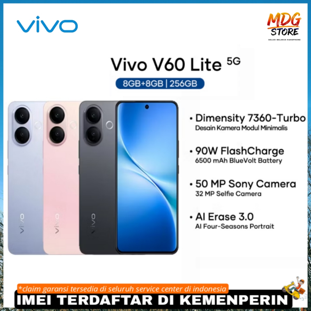 vivo V60 Lite 5G RAM 8GB 12GB ROM 256GB 512GB Garansi Resmi AMOLED 120Hz Snapdragon 4 Gen 2 80W NFC