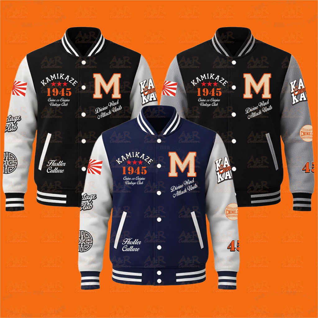 Jaket Baseball KAMIKAZE Varsity Kancing Motif Printing Pria Bahan Fleece Terlaris Termurah | Biru Na