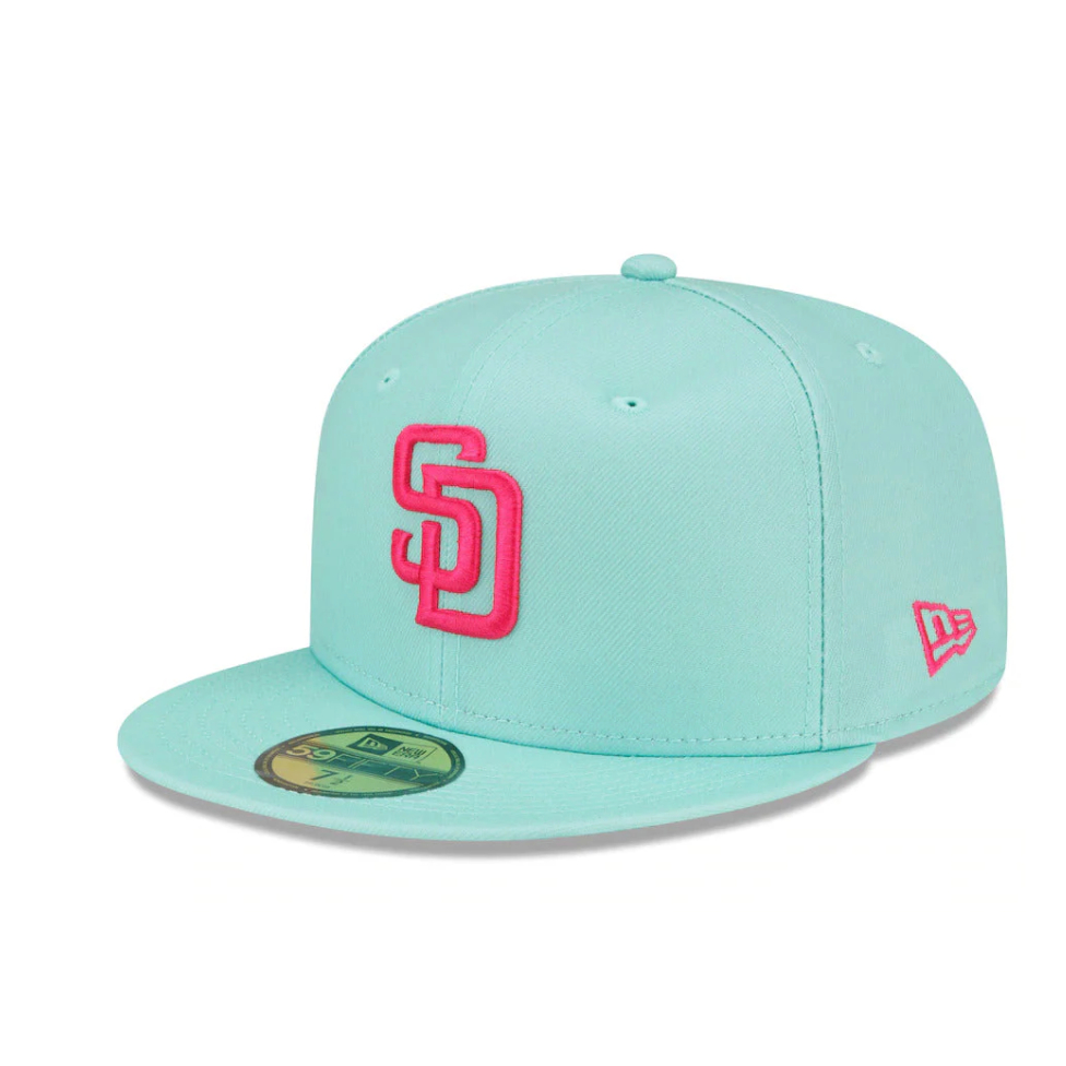 PO San Diego Padres New Era MLB 59FIFTY 5950 Fitted Cap Hat Light Teal Crown/Visor Magenta Logo (202
