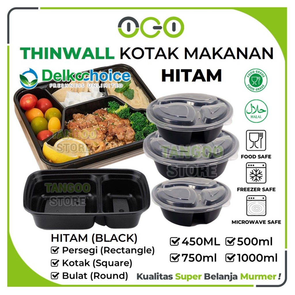 Tempat Makan Plastik Thinwall Warna Hitam Food Container Black Box Kotak Bulat Persegi Delkochoice