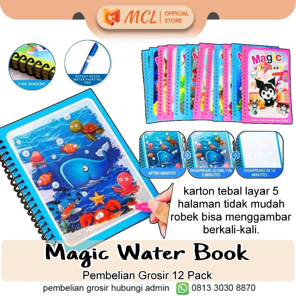 MCL GROSIR || 12 Pack - Magic Water Book | Buku Mewarnai Ajaib Anak Edukatif | Mainan Edukasi | Buku