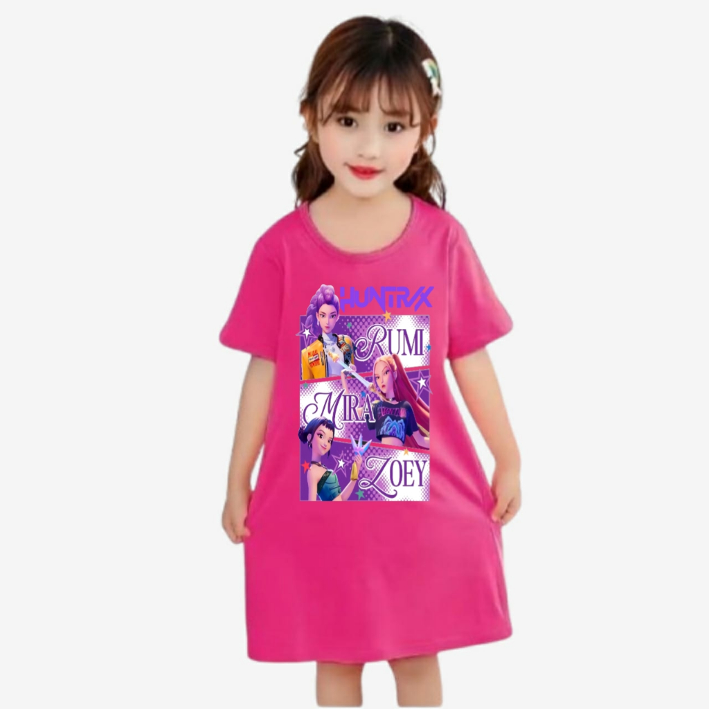 daster anak perempuan gambar huntrix kpop demon hunter viral dress 3-10tahun k.404