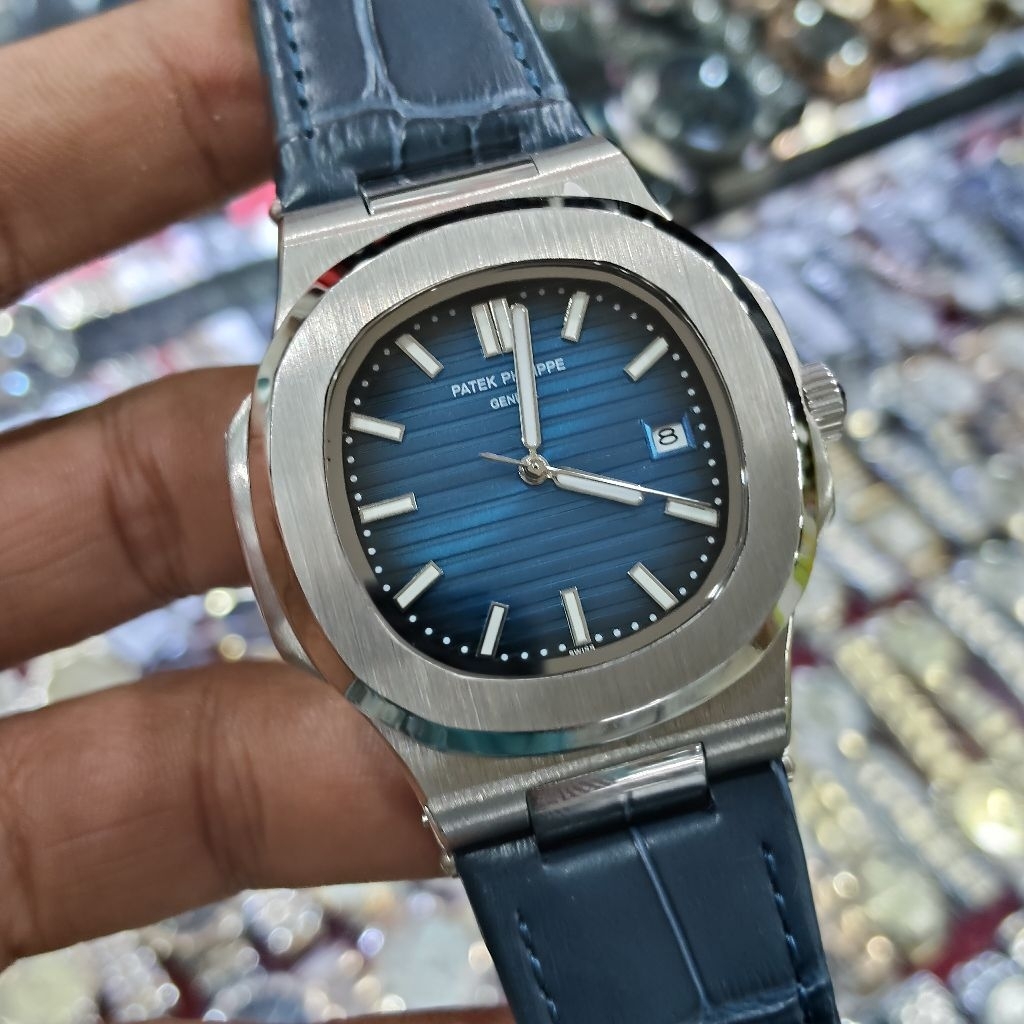 Patek Philip PP Nautlus Clean Silver Strap Leather Jam Tangan Automatic Swiss