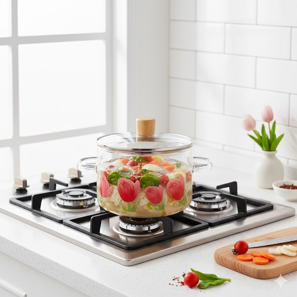 Panci Kaca Bening Bunga Tulip / Kaca Bening Panda Serbaguna