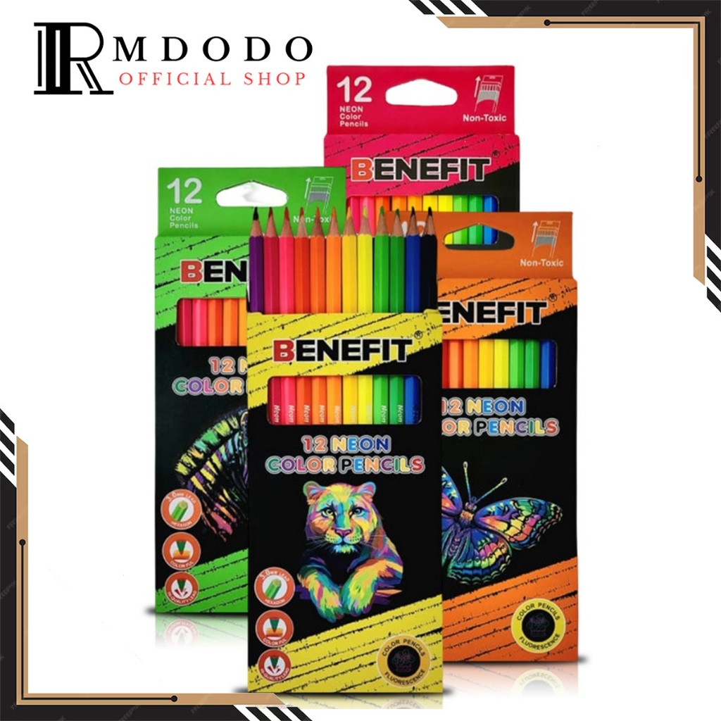 Rmdodo - Pensil Warna Panjang Neon Non Toxic [1 Set - 12 Warna] / Neon Colours BENEFIT PW-1277