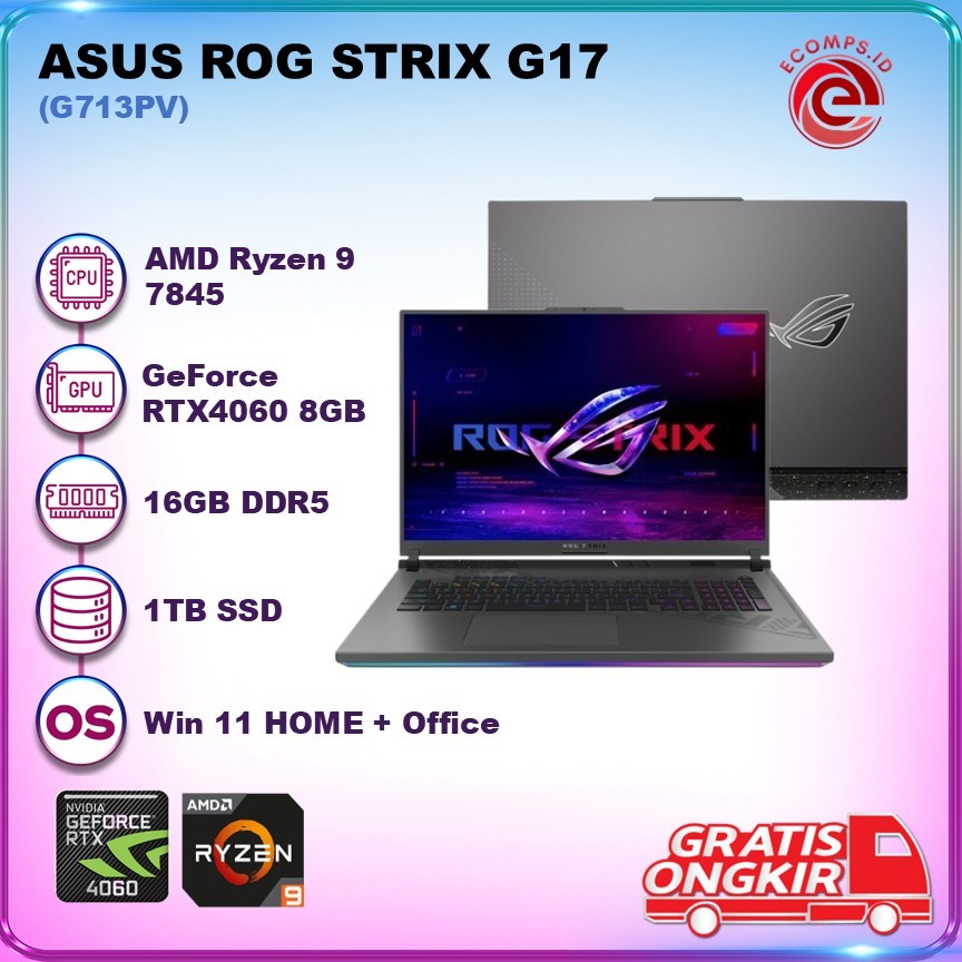 ASUS ROG STRIX G17 G713PV RYZEN 9 7845HX 16GB 1TB RTX4060 8G W11 17"QHD