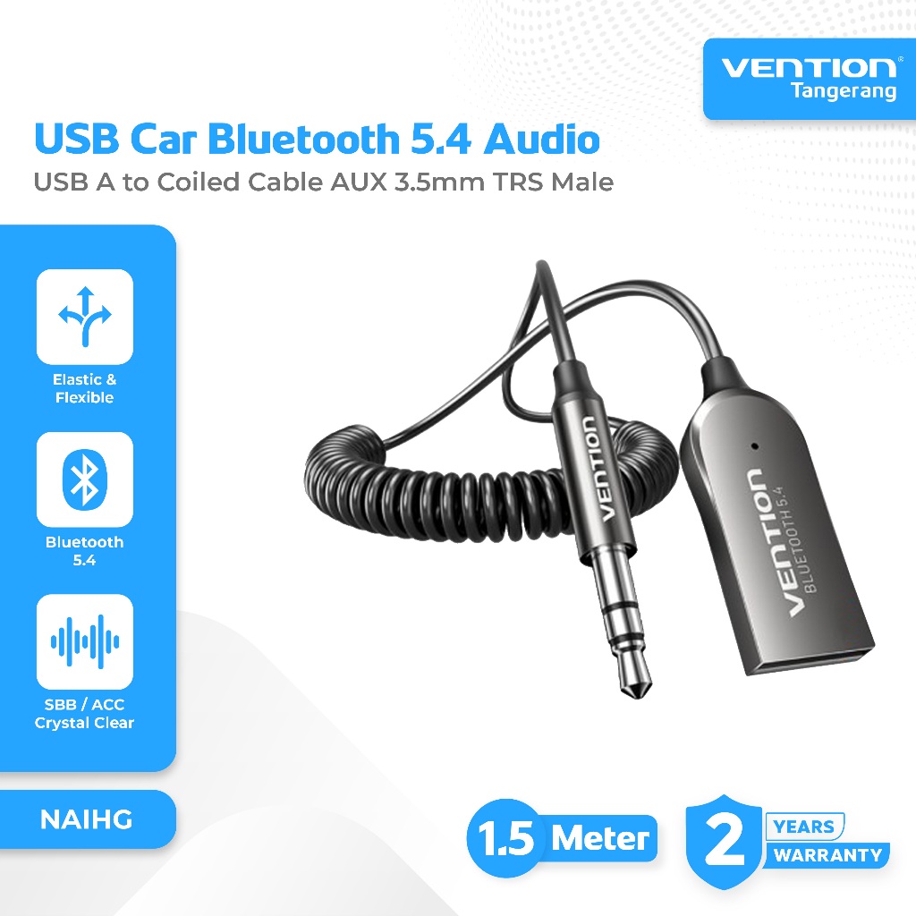 Vention USB Car Bluetooth 5.4 Audio Receiver to Coiled Cable AUX 3.5mm TRS Male 1.5 Meter - NAIHG