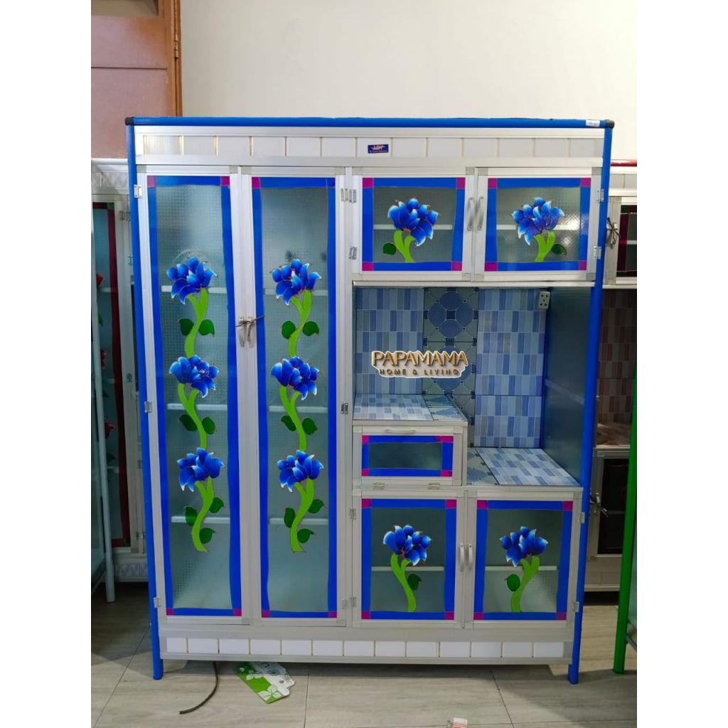 Rak Piring - Lemari Sayur Aluminium 4 pintu Saklar Listrik - Kaca Corak Tiang Kokoh - Medan