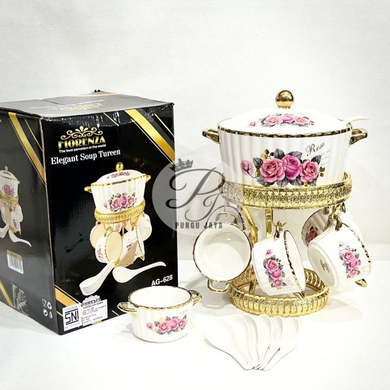 Fiorenza - Mangkok Set Sop Keramik dengan Rak Kitchenware | Motif Rose AG-628