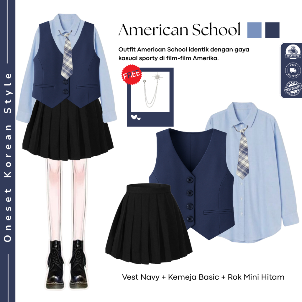 Ootd Yearbook American School Viral (Vest Navy + Kemeja Basic + Rok Mini) American School Yearbook O