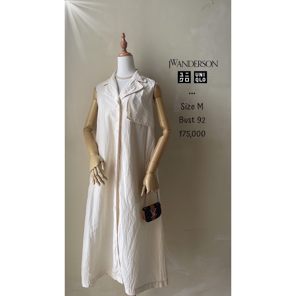 Midi dress model coat kutung sleeveless tanpa lengan linen blend cream krem keren loose premium prel