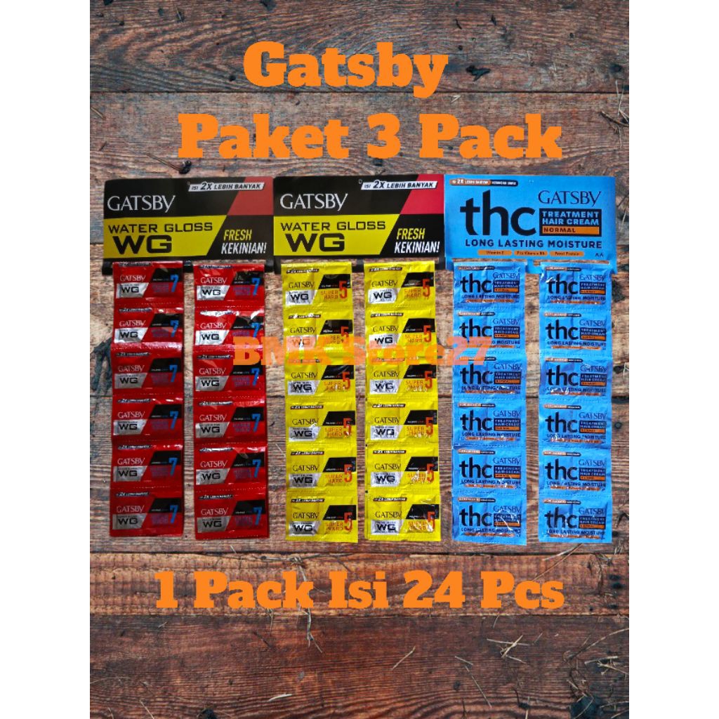 Paket 3 Pack - Gatsby Sachet - Gatsby Renceng - Gatsby Minyak Rambut - Merah Kuning Biru - 1 Pack Is