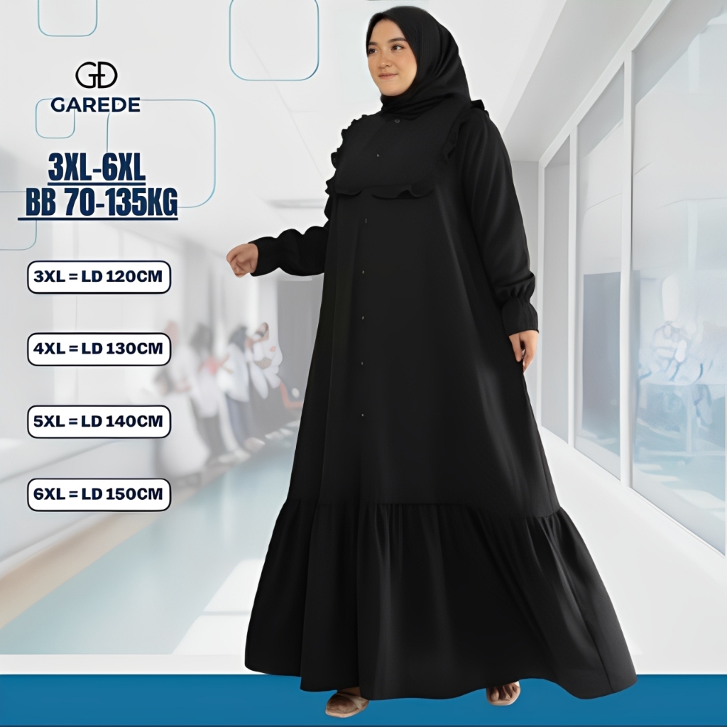 Garede - Gamis Jumbo LD 120 130 140 150 Crinkle Premium Hitam Polos Mewah Syari Lebaran Terbaru