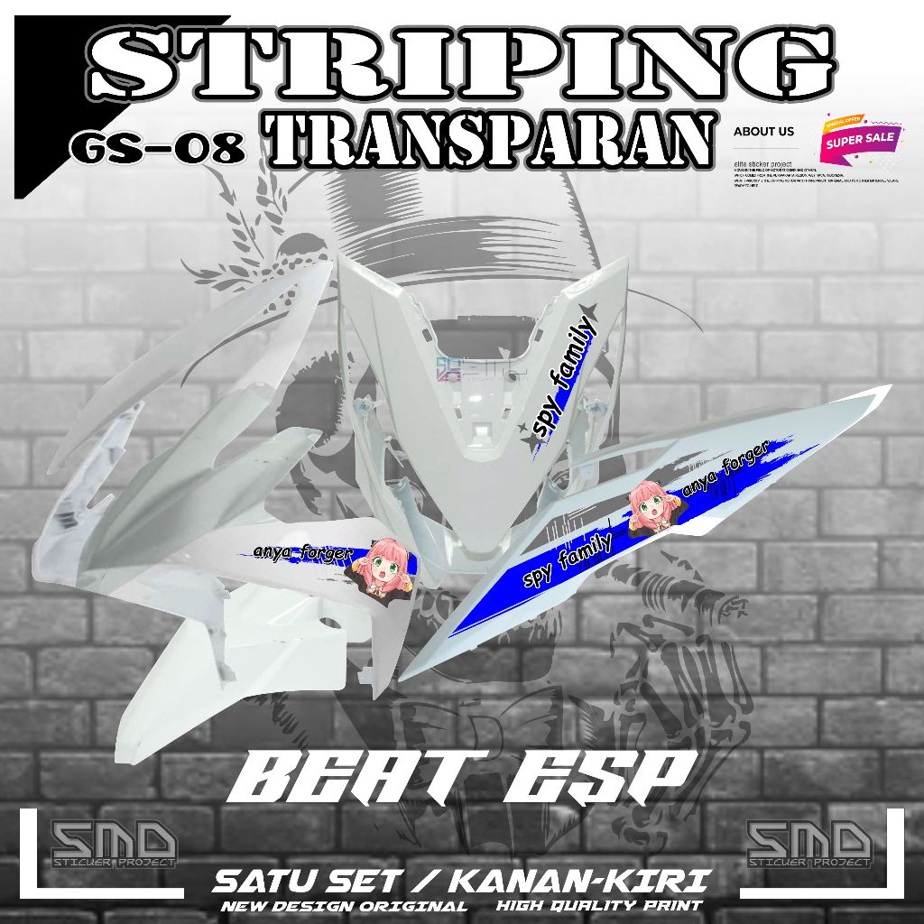 STICKER STRIPING TRANSPARAN MOTOR HONDA BEAT ESP 2016 KARAKTER ANYA GS02