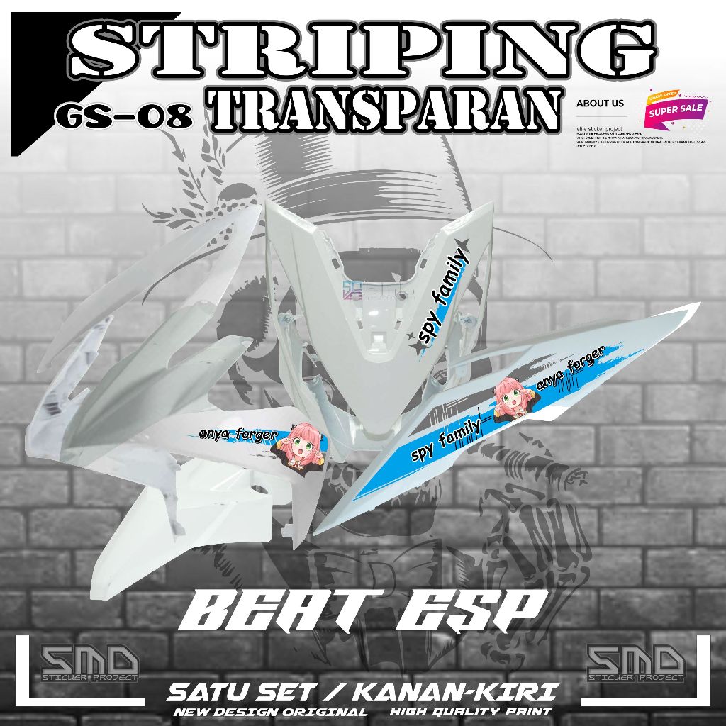 STICKER STRIPING TRANSPARAN MOTOR HONDA BEAT ESP 2016 KARAKTER ANYA GS03